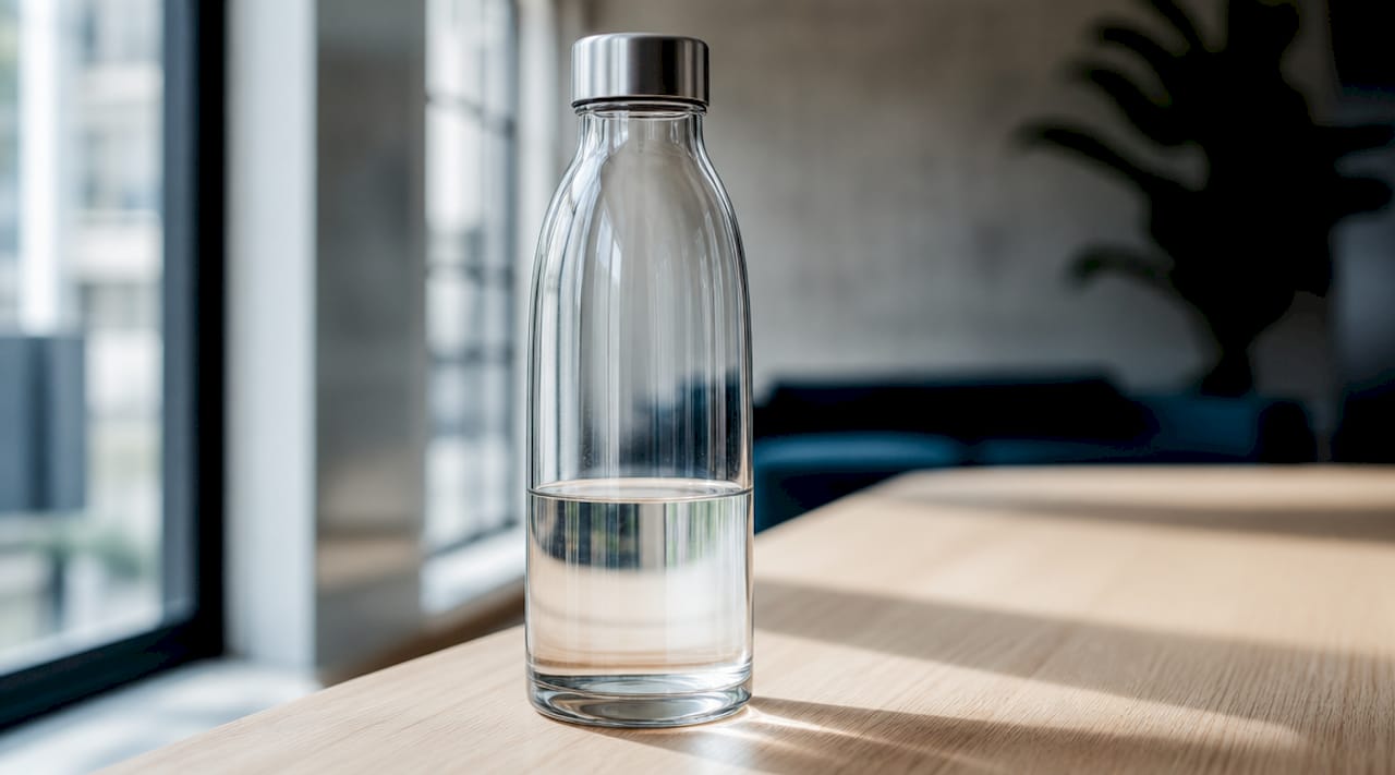 Nahaufnahme einer Wasserflasche als Produkt-Highlight vor weißem Hintergrund