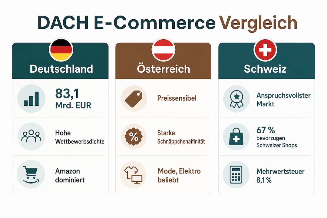 Diese Infografik veranschaulicht die Unterschiede und Gemeinsamkeiten der E-Commerce-Märkte in Deutschland, Österreich und der Schweiz.