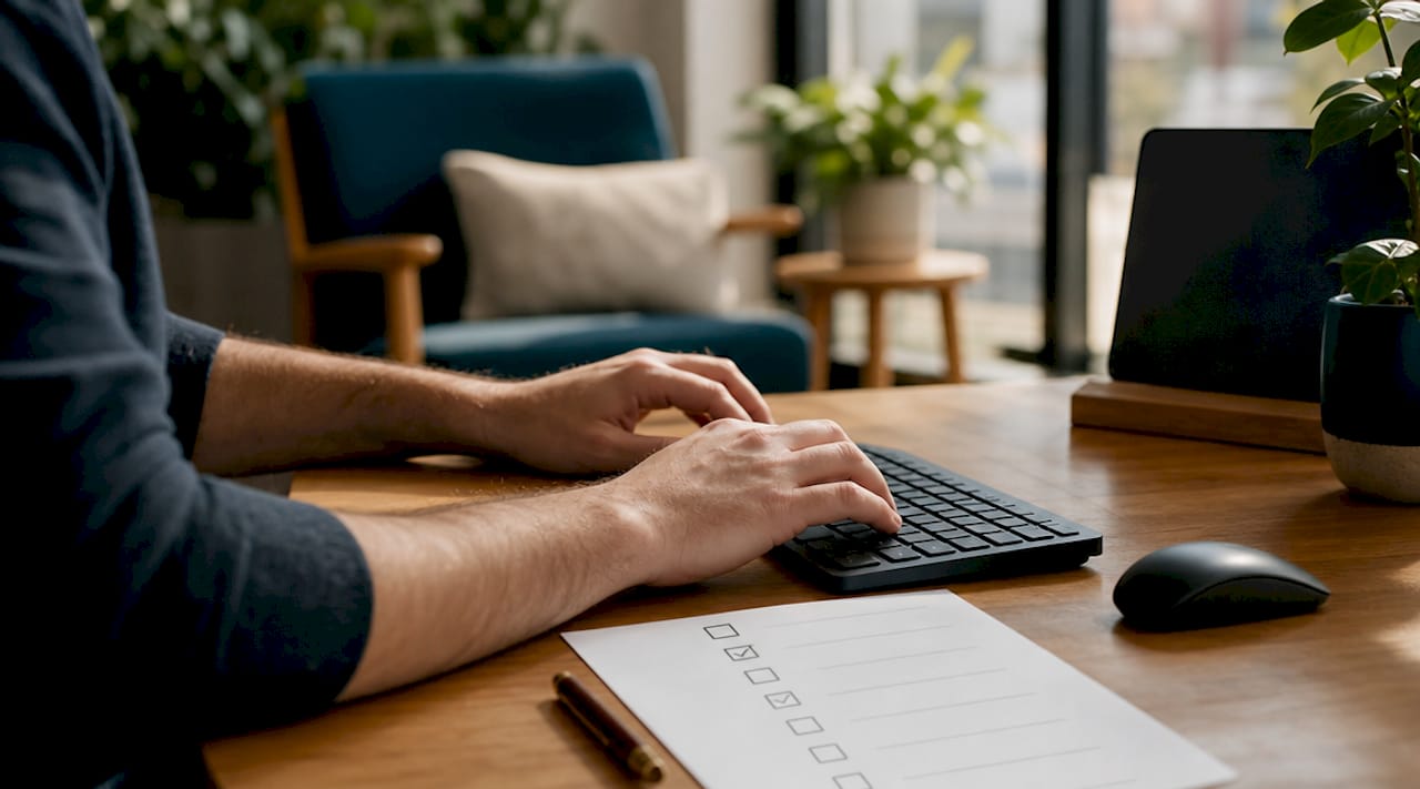 Hände tippen auf einer Tastatur, während daneben eine Liste mit gesetzlichen Vorgaben liegt.