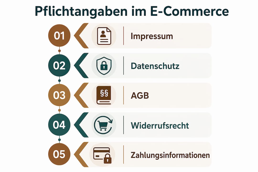 Unsere Infografik veranschaulicht die wichtigsten gesetzlichen Angaben, die im Onlinehandel erforderlich sind, übersichtlich als Flussdiagramm.