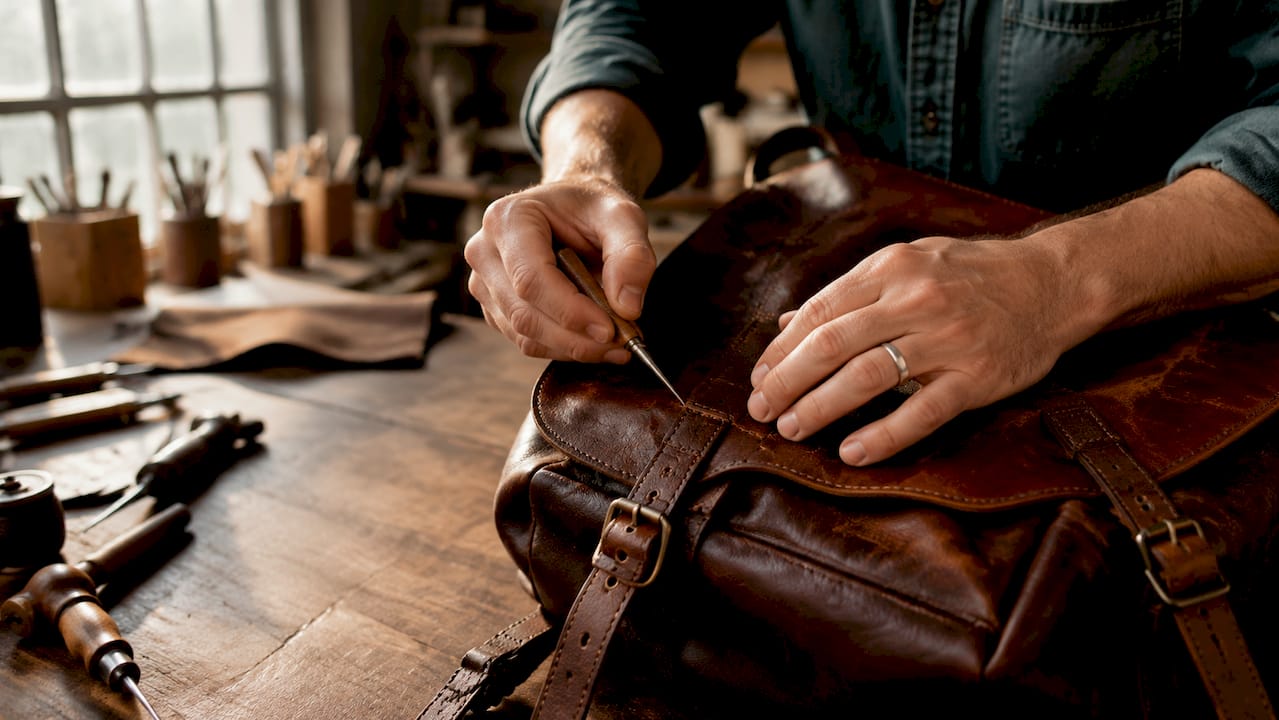 Detailaufnahme: Feine Handarbeit an einer Ledertasche