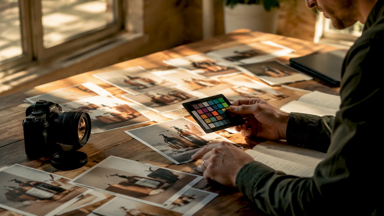 Gemeinsame Auswahl von Produktfotos am Tisch