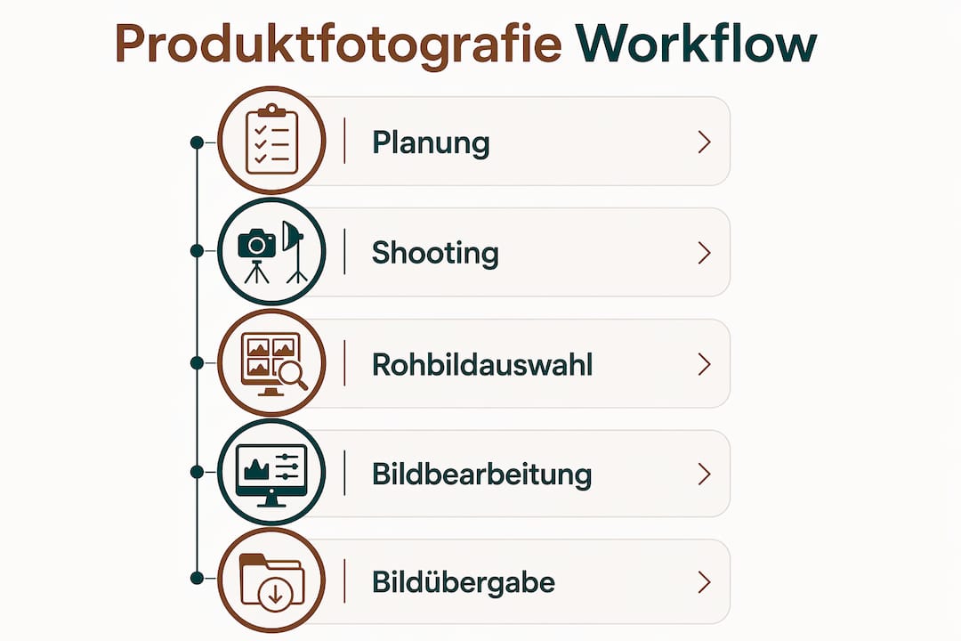 Übersichtsgrafik: Die wichtigsten Schritte im Ablauf der Produktfotografie auf einen Blick