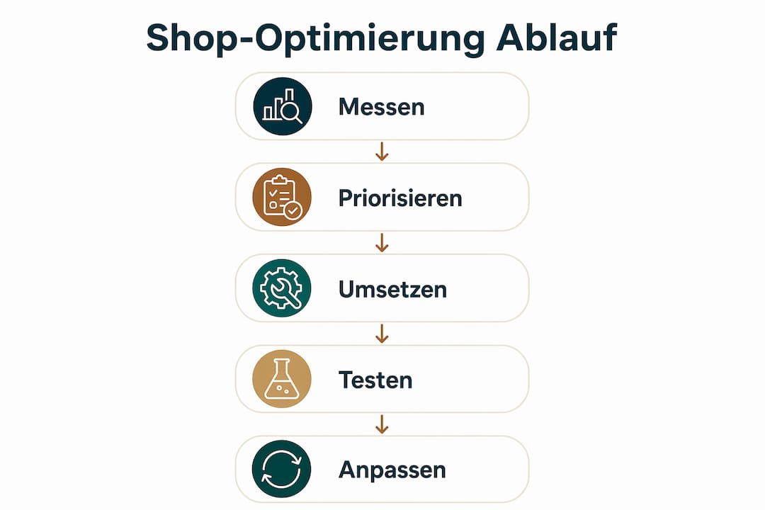 Mit dieser Infografik erhalten Sie einen übersichtlichen Leitfaden zur Optimierung Ihres Onlineshops – Schritt für Schritt in fünf Etappen erklärt.