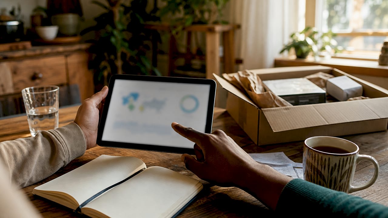 Hände prüfen Kundenbewertungen und Produktrezensionen auf einem Tablet.