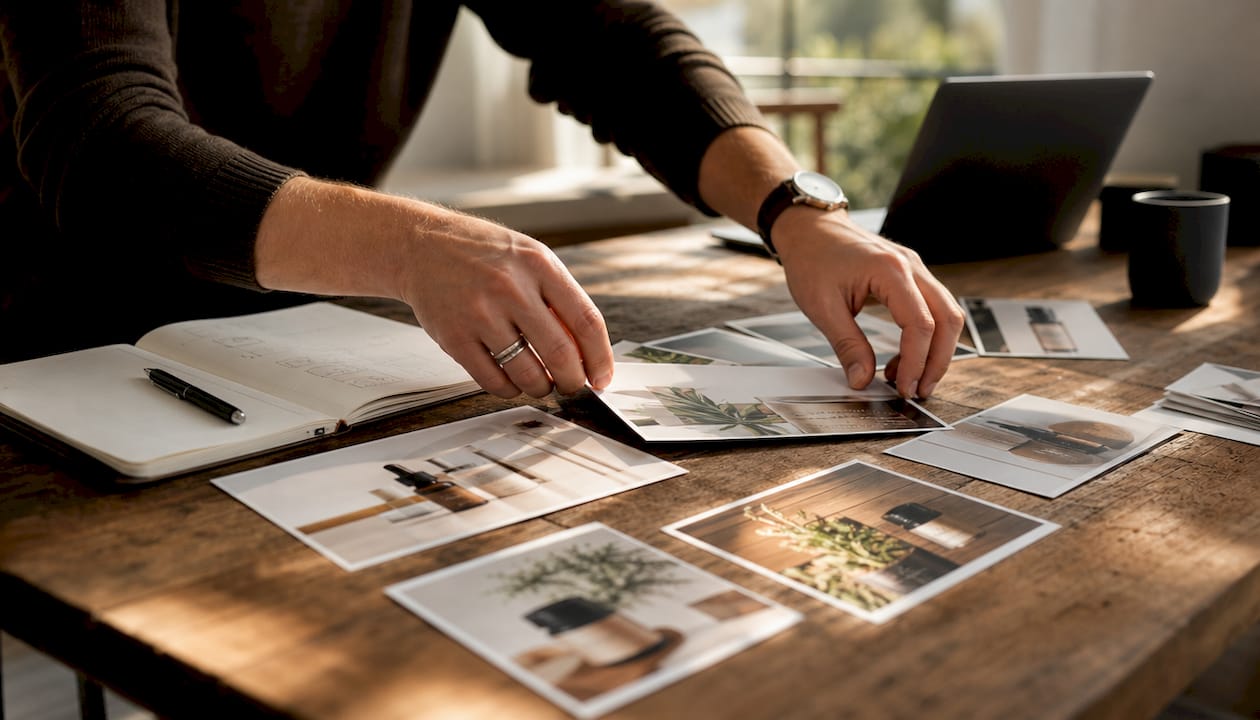Hände ordnen Produktfotos für einen Onlineshop sorgfältig auf dem Tisch an.