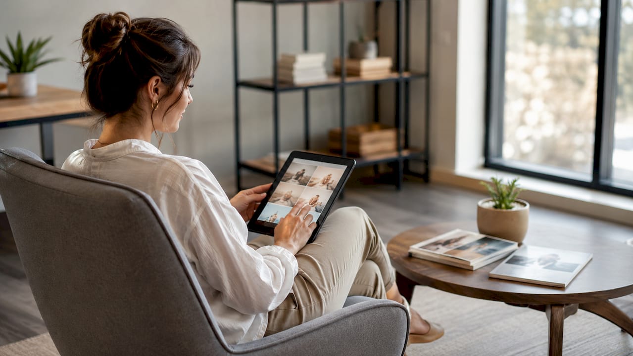 Eine Frau stöbert gemütlich im Wohnzimmer auf ihrem Tablet durch Lifestyle-Inspirationen.