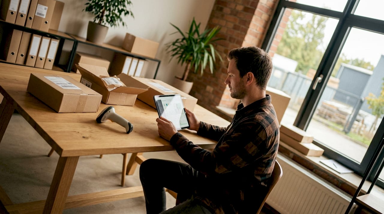 Im Fulfillment-Bereich wird am Tablet durch verschiedene Bestellungen gescrollt.