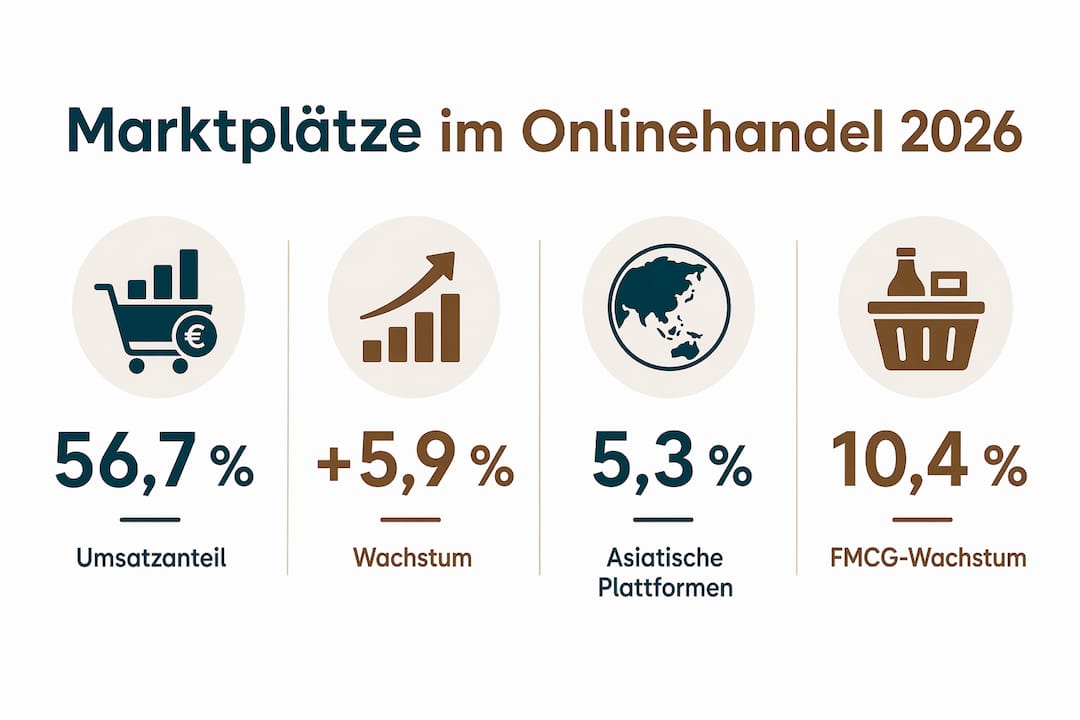Die Infografik veranschaulicht die Marktanteile und das erwartete Wachstum im Onlinehandel für das Jahr 2026.