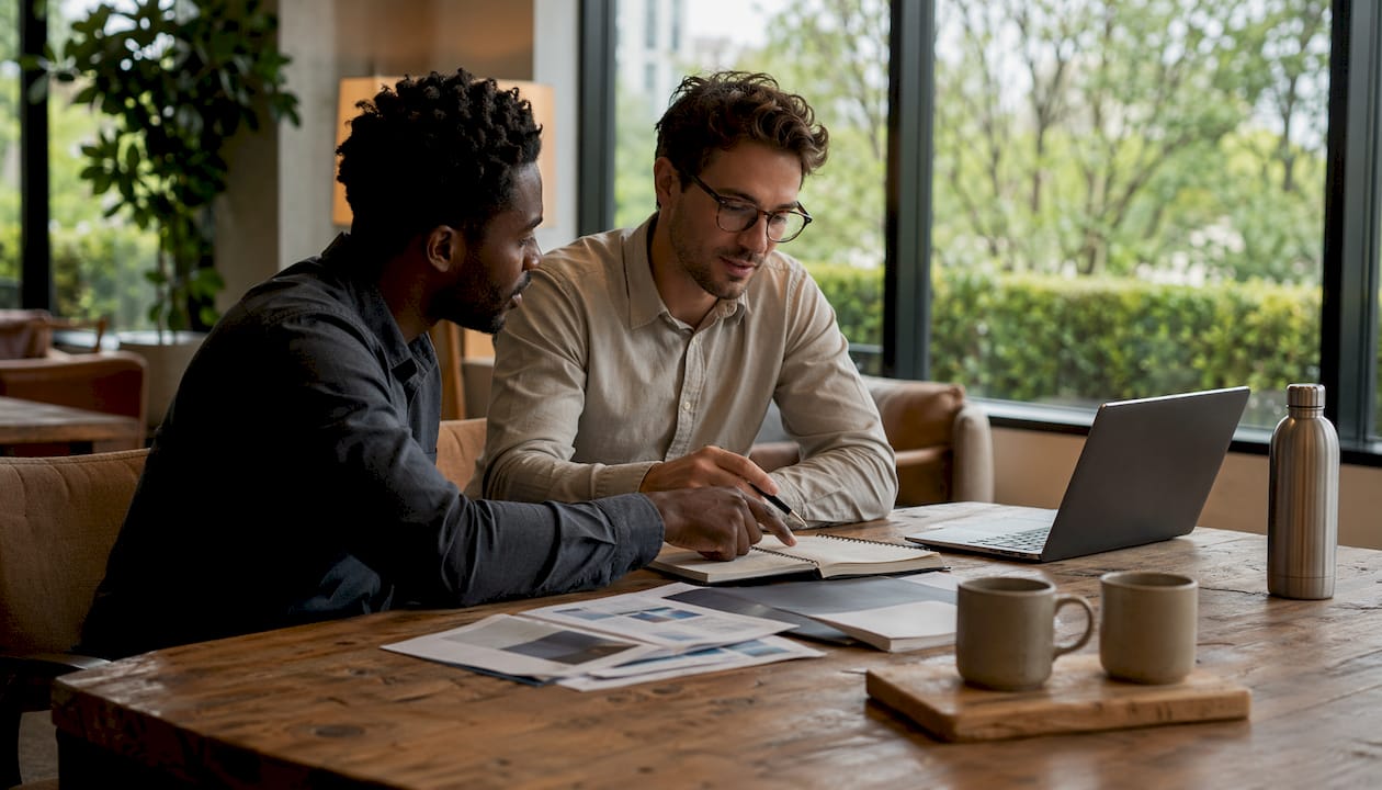 Ein Team beugt sich gemeinsam über die neuesten Marketinganalysen und bespricht die aktuellen Diagramme.
