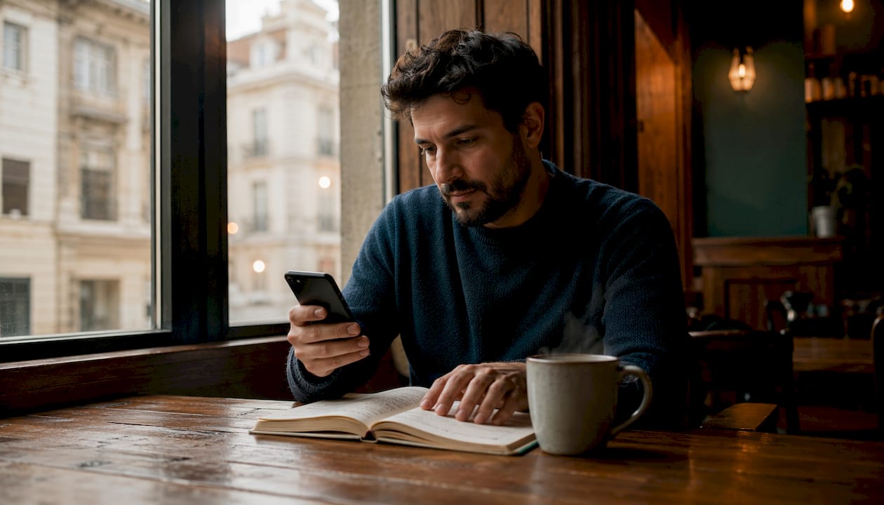 Im Café geht ein Mann noch einmal seinen Video-Marketing-Plan auf dem Smartphone durch.