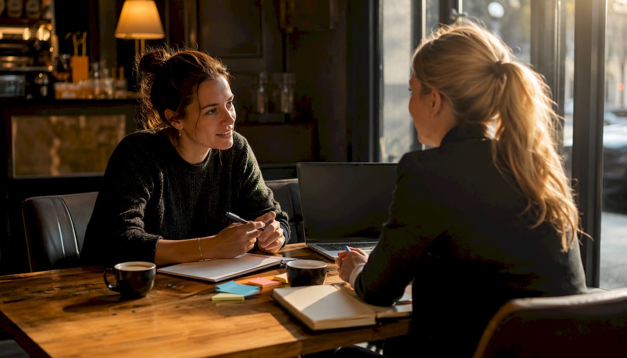 Zwei Frauen sitzen im Café und unterhalten sich angeregt, während sie auf ihren Tablets arbeiten.