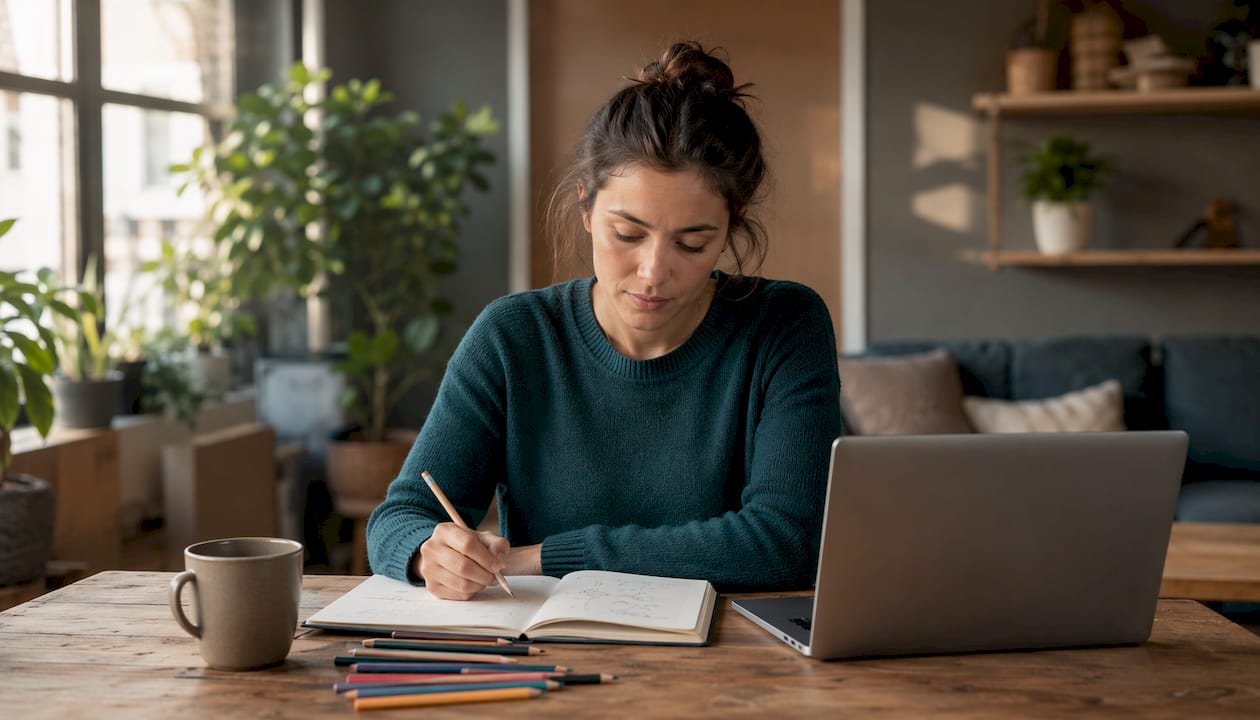 Mit Notizbuch und Laptop arbeitet eine Frau an ihrem einzigartigen Alleinstellungsmerkmal.
