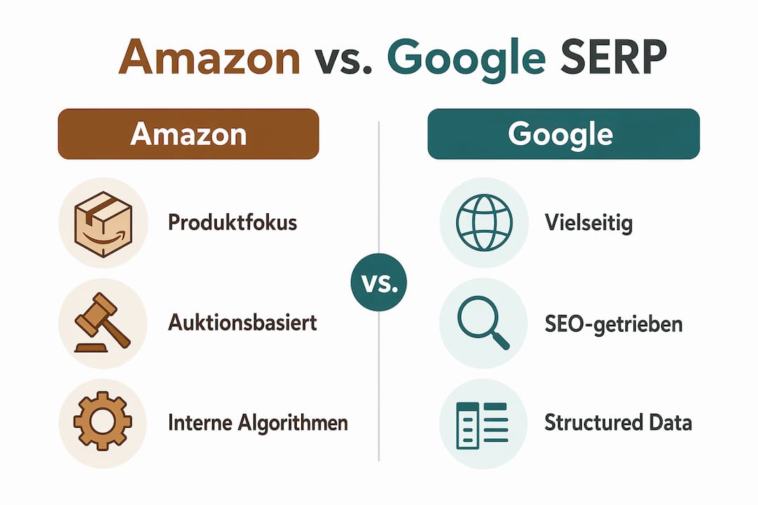 Eine Infografik veranschaulicht die wichtigsten Unterschiede zwischen den Suchergebnissen von Amazon und Google.