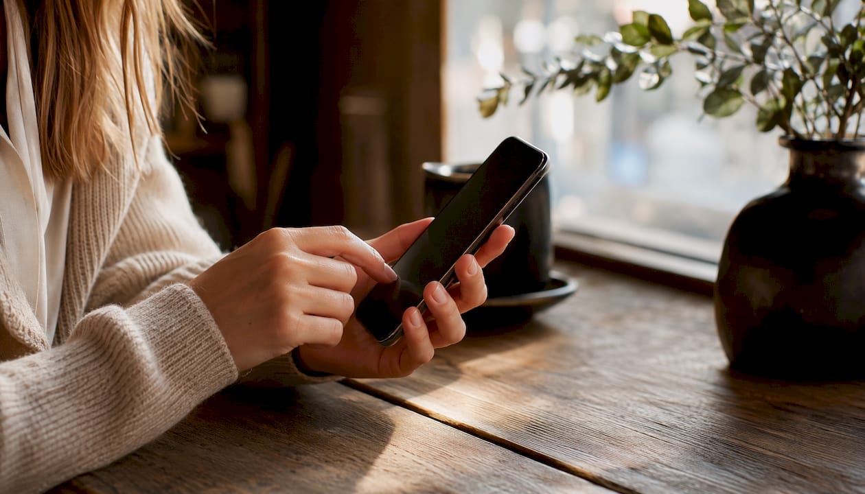 Eine Frau betrachtet A+ Content auf ihrem Smartphone.