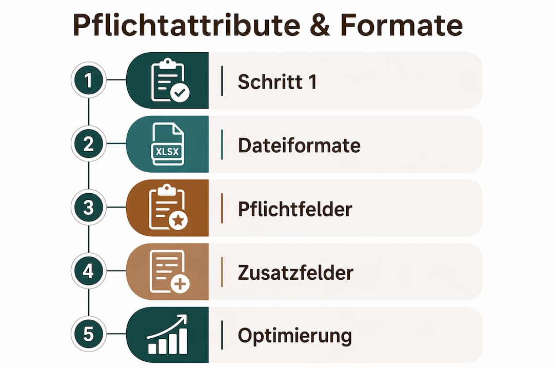 Die Infografik veranschaulicht die wichtigsten Schritte sowie die erforderlichen Angaben für einen erfolgreichen Produktfeed.