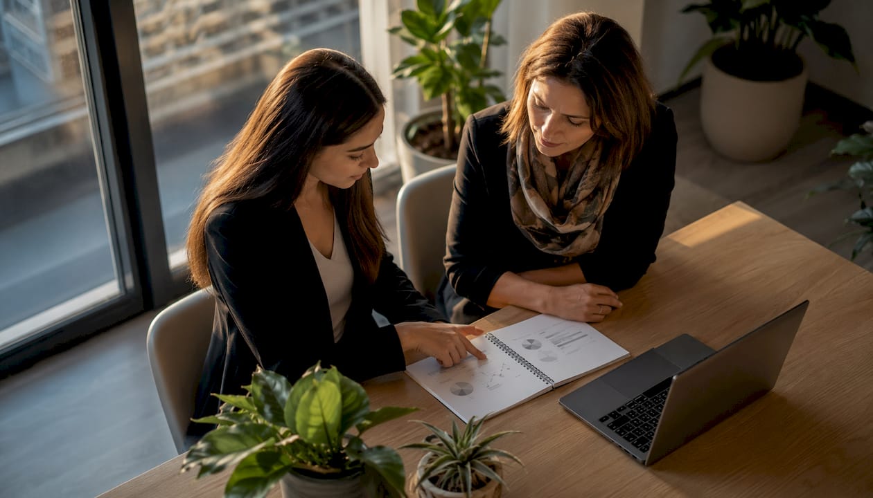 Zwei Frauen besprechen gemeinsam wichtige Kennzahlen und werten dabei Daten auf dem Tablet sowie ausgedruckte Unterlagen aus.