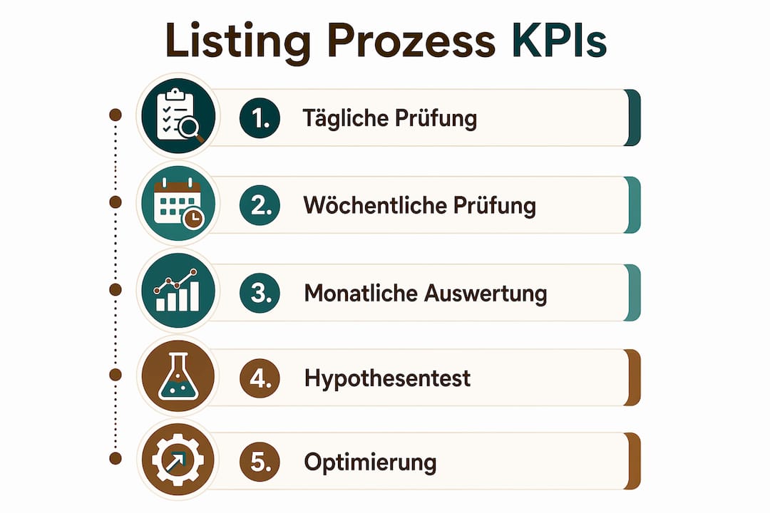 In dieser Infografik werden die wichtigsten KPIs für Listings übersichtlich in einzelnen Schritten dargestellt.