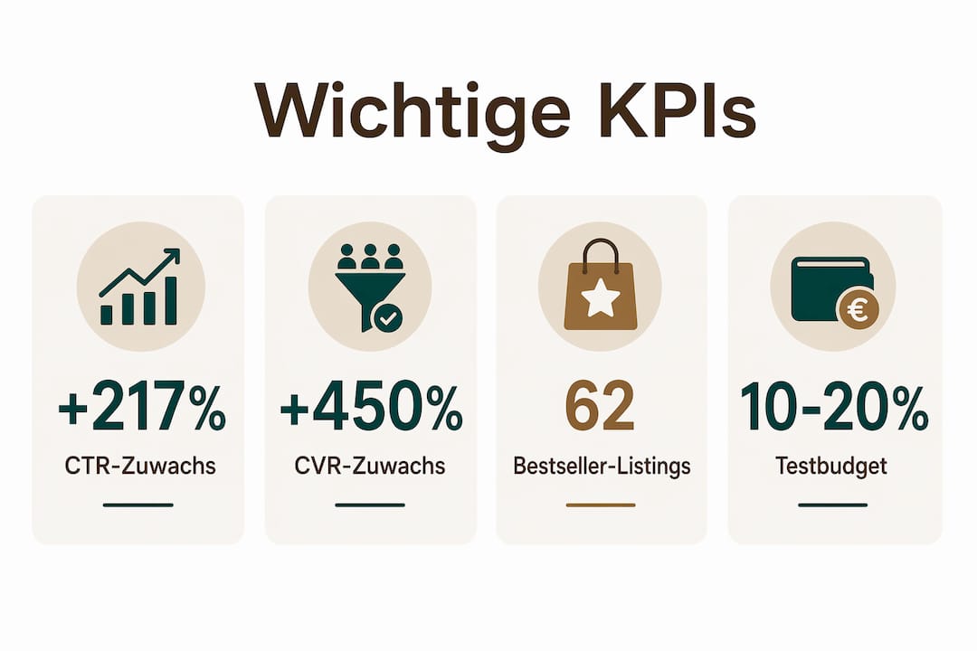 Übersichtliche Infografik mit den wichtigsten Kennzahlen und Testergebnissen rund um das Amazon-Listing