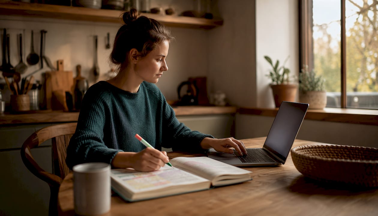 Eine Frau sucht am Laptop nach relevanten Suchbegriffen und nutzt dabei zusätzlich ihr Smartphone.