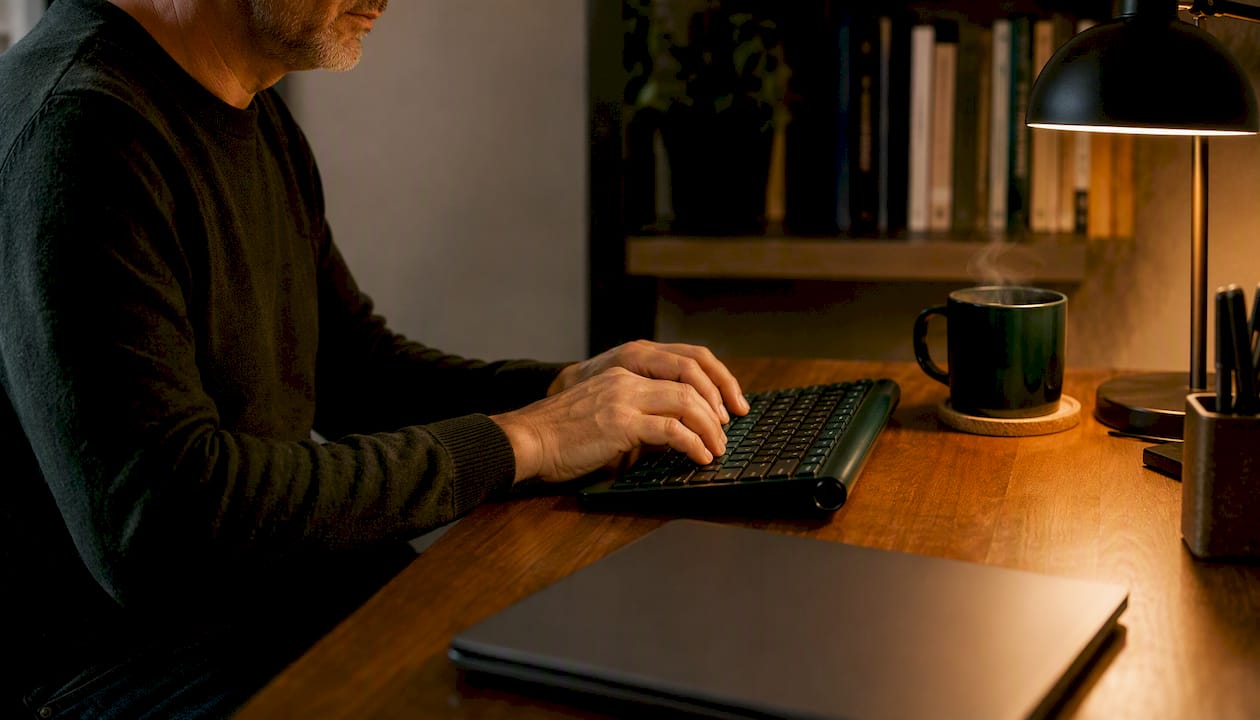 Während jemand auf der Tastatur tippt, liegen Amazon FBA-Unterlagen griffbereit daneben.