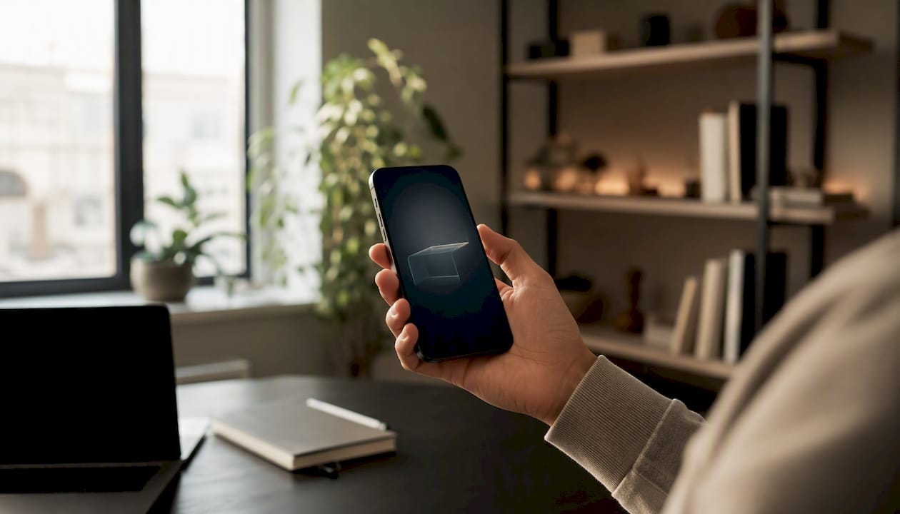 Eine Hand hält ein Smartphone, auf dessen Bildschirm eine AR-Anwendung zu sehen ist.