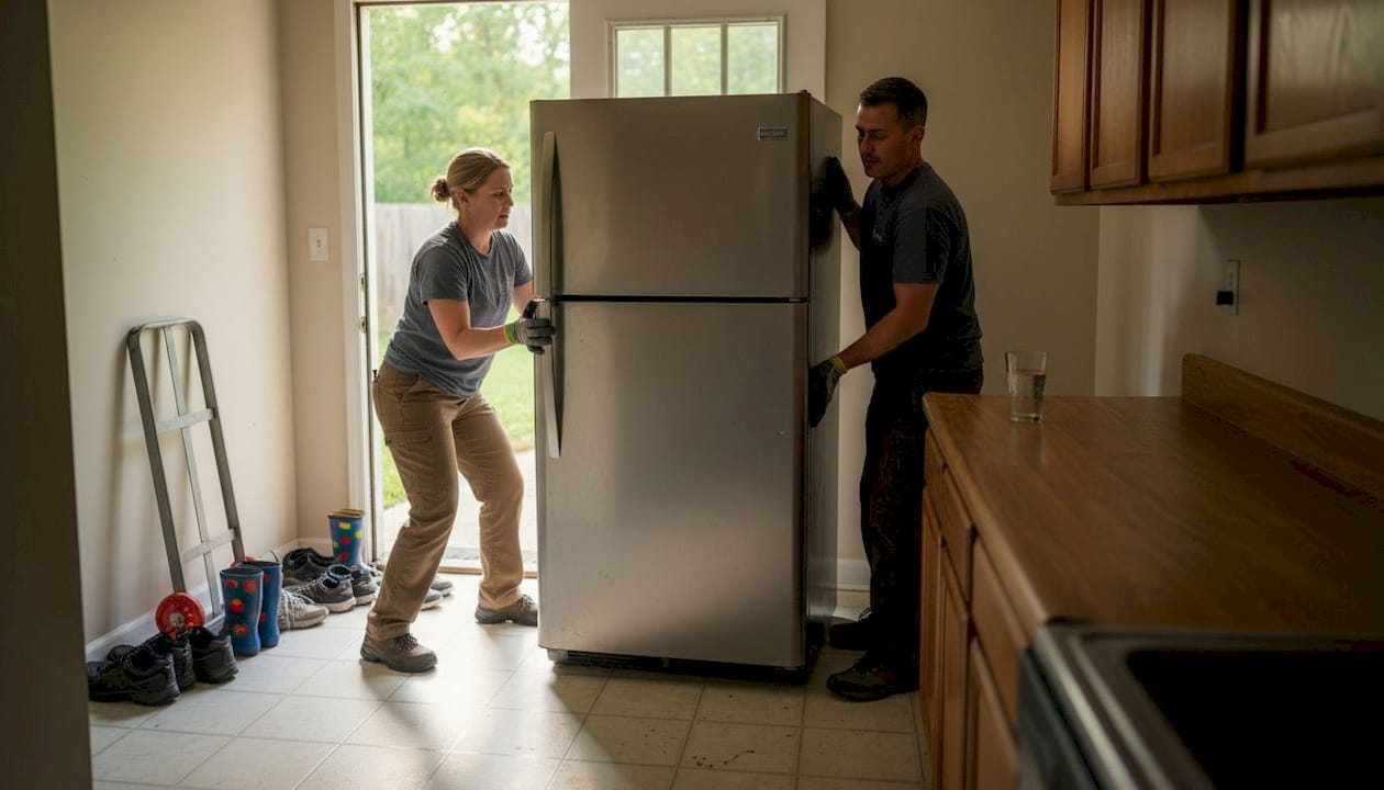 People lifting refrigerator with safe technique
