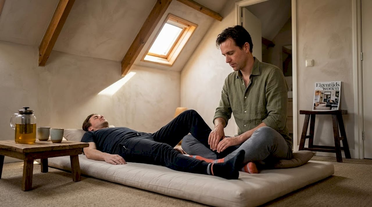 Therapeut behandelt been volgens meridiaanprincipe