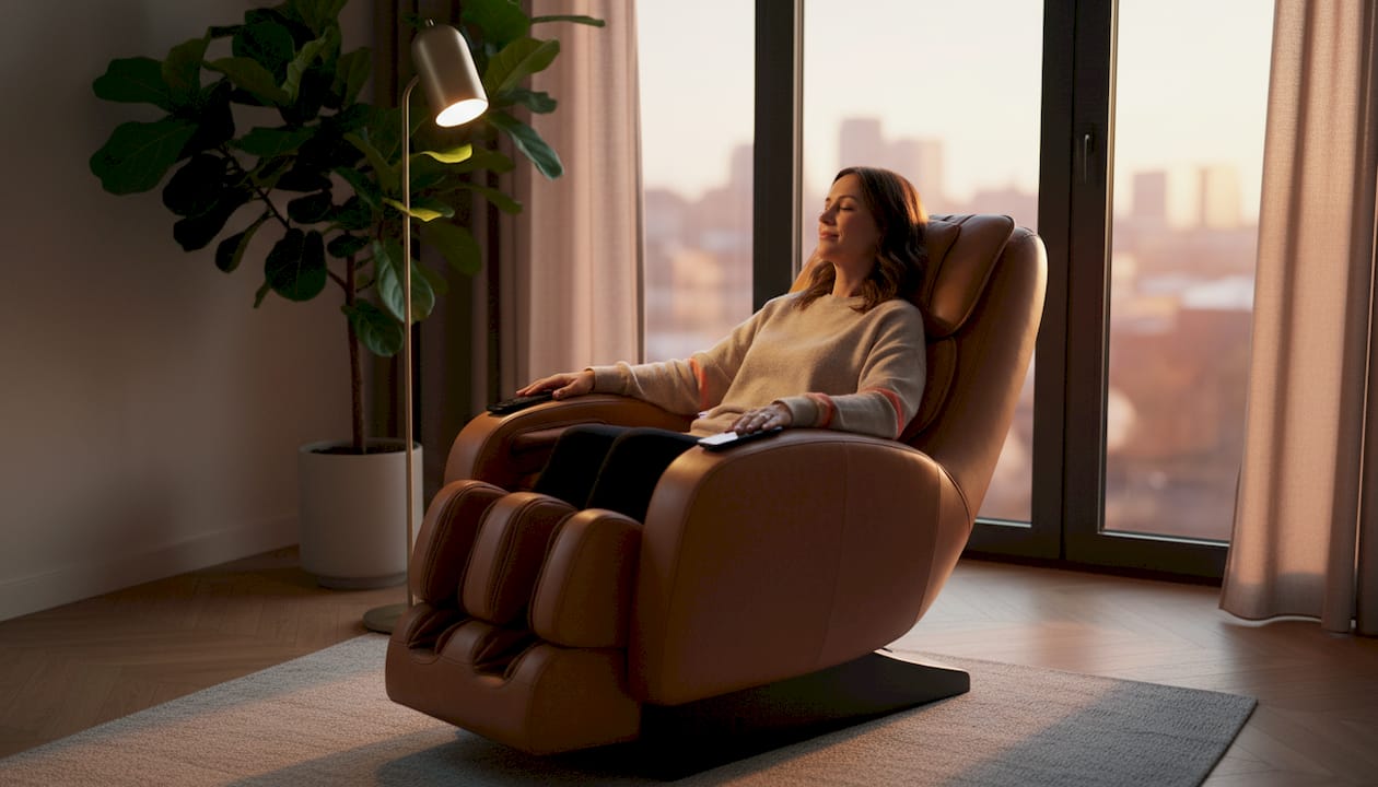 Een vrouw geniet van een ontspannen moment in een massagestoel bij het raam, terwijl het daglicht zacht naar binnen valt.