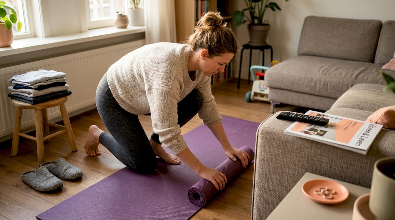 Een vrouw rolt haar yogamat uit in een gezellige, geleefde woonkamer.