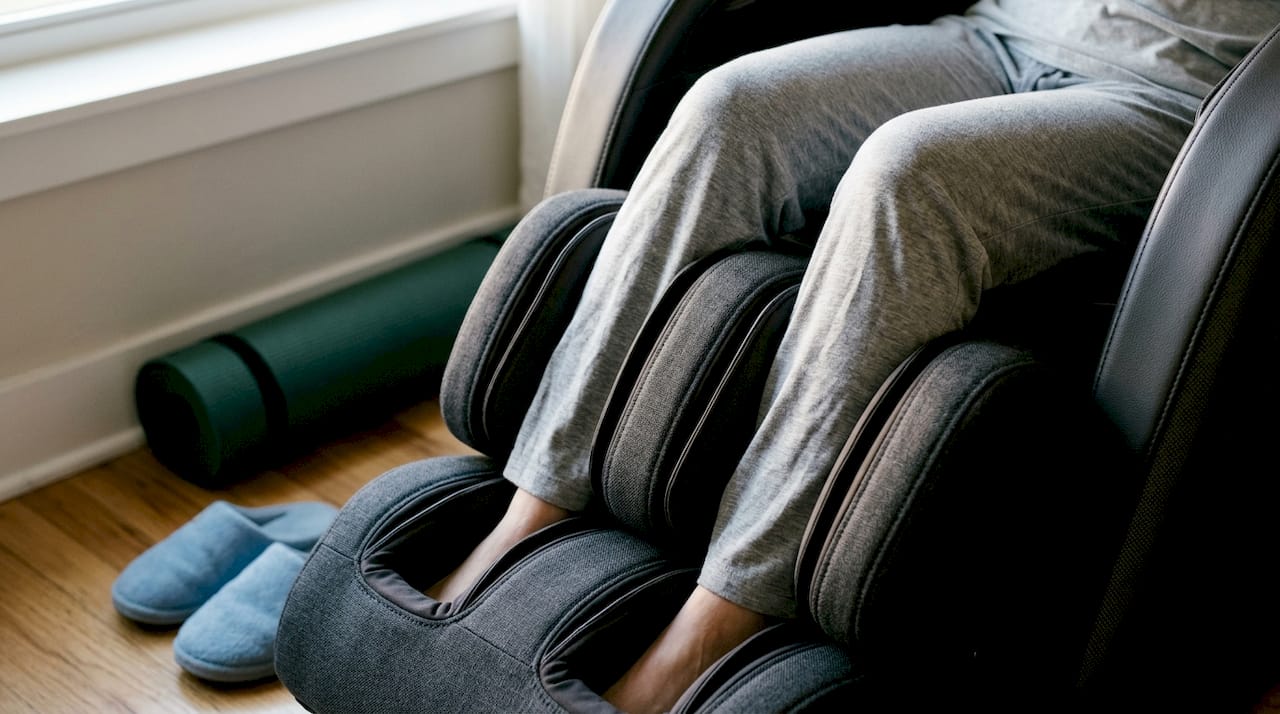 Close-up van de benen in de massagefauteuil, waarbij de airbags goed zichtbaar zijn.