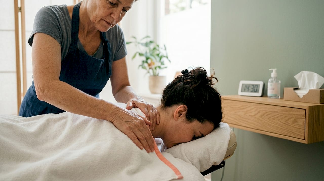 Detailopname van shiatsu-duimdruk op de nek