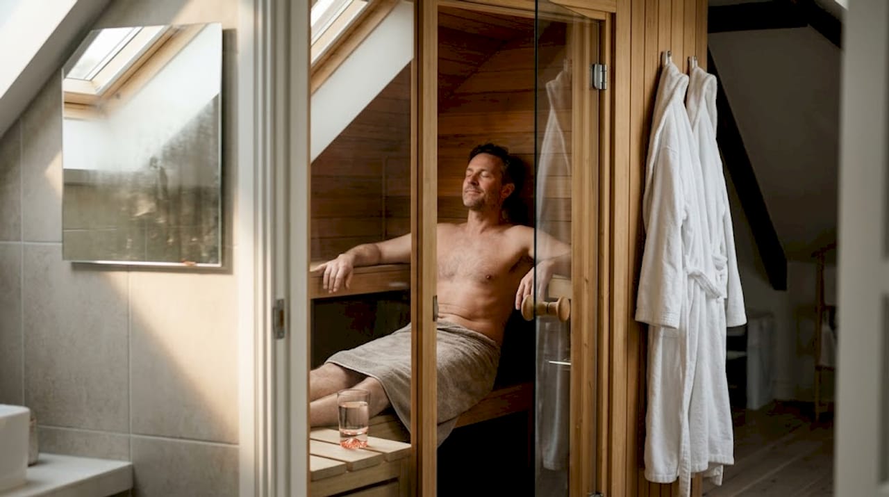 Man geniet van een ontspannen moment in zijn eigen sauna, die hij heeft laten installeren in de badkamer op zolder.