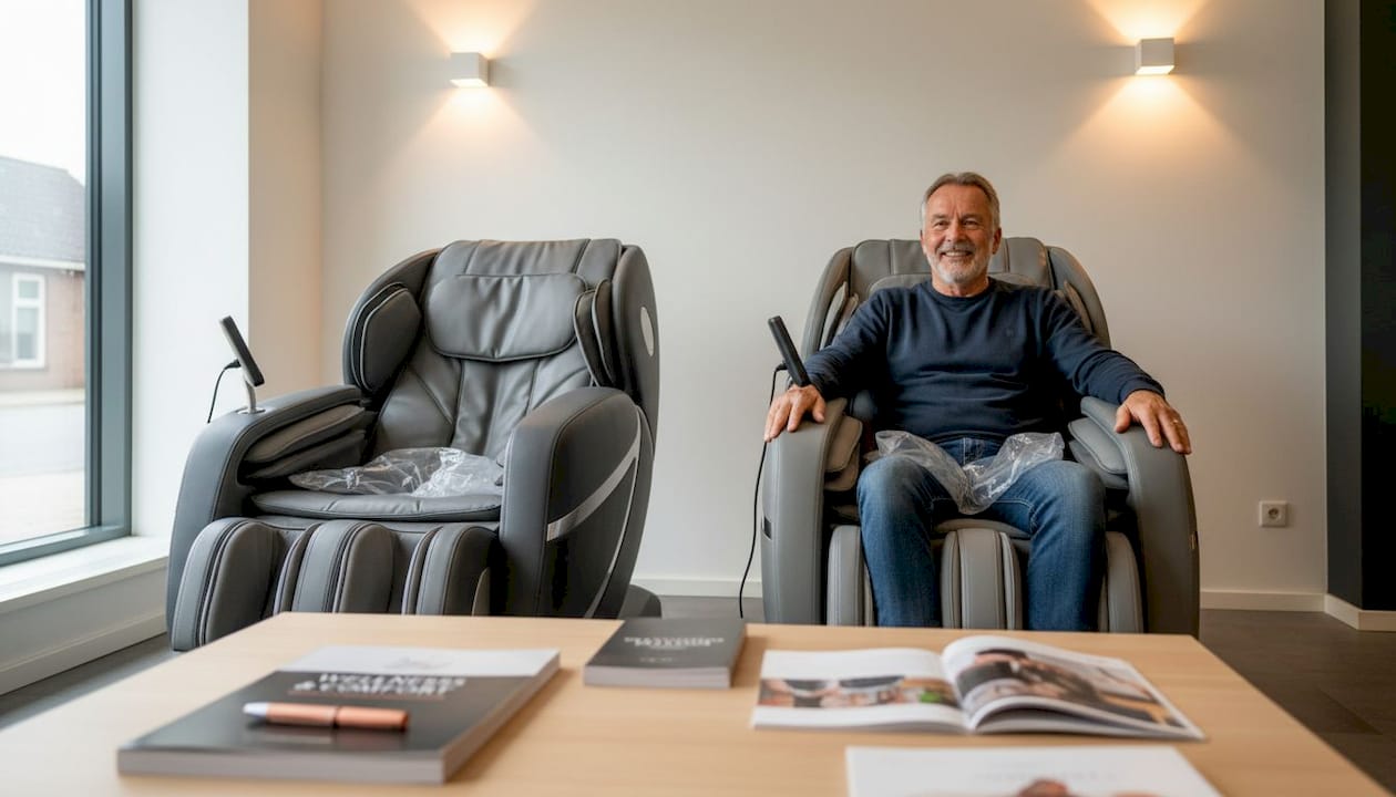 Man probeert verschillende massagestoelen uit in de showroom