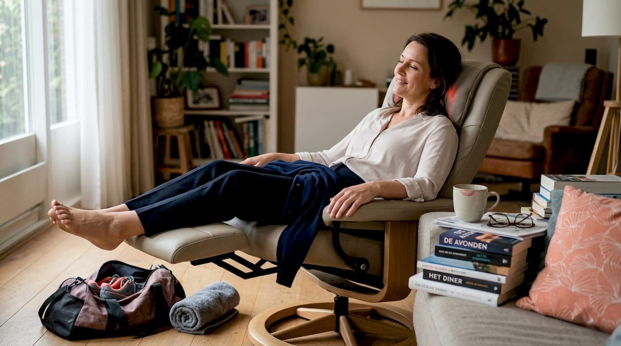 Na een lange werkdag geniet een vrouw thuis van een heerlijk ontspannende massage in haar massagestoel.