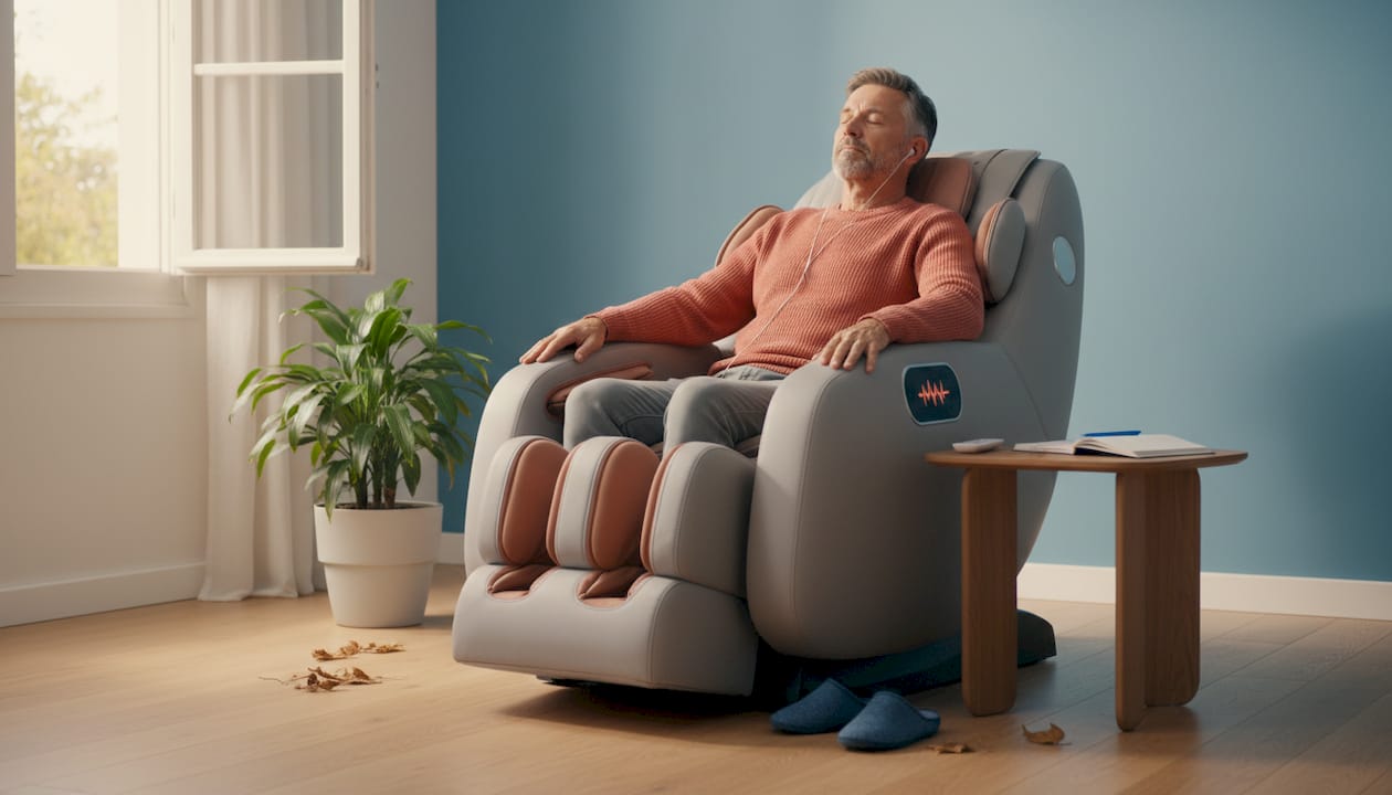 Een man zit thuis ontspannen in zijn massagestoel en geniet van zijn favoriete muziek.