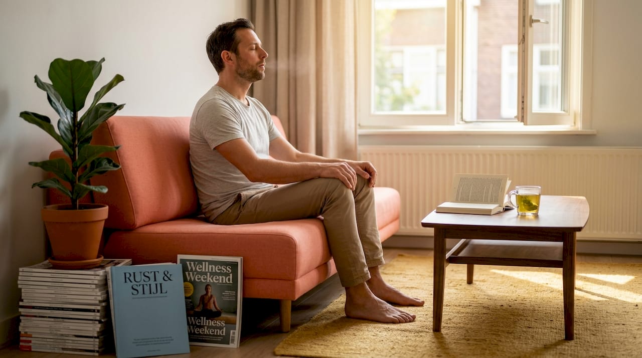 Man geniet zichtbaar van een ontspannen moment op de bank na een shiatsu-massage.