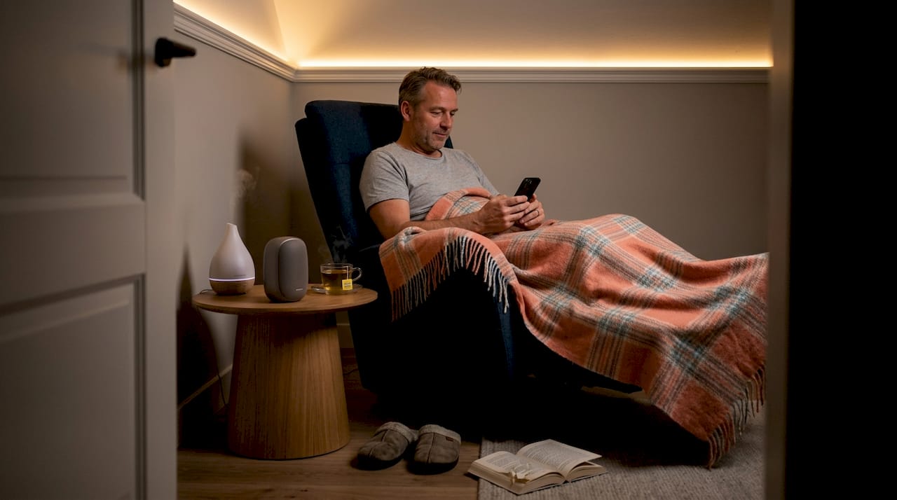 Een man start zijn ontspannen avondroutine in de relaxruimte.