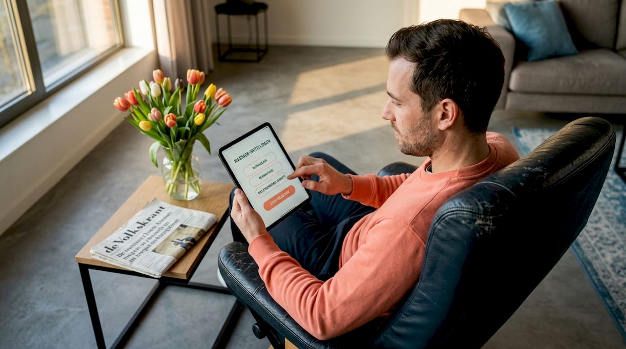 Een man stelt zijn massagestoel in via een tablet