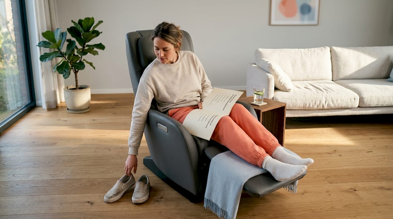 Een vrouw probeert een massagestoel uit terwijl ze lekker zittende kleding draagt.
