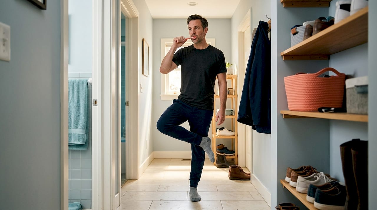 Een man poetst zijn tanden terwijl hij op één been balanceert.