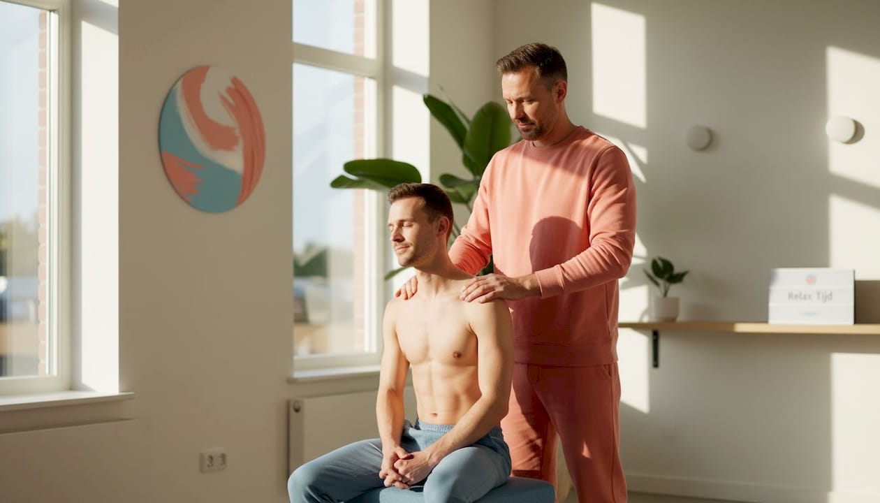 Een man geeft een rugmassage in een eenvoudige massagesalon.