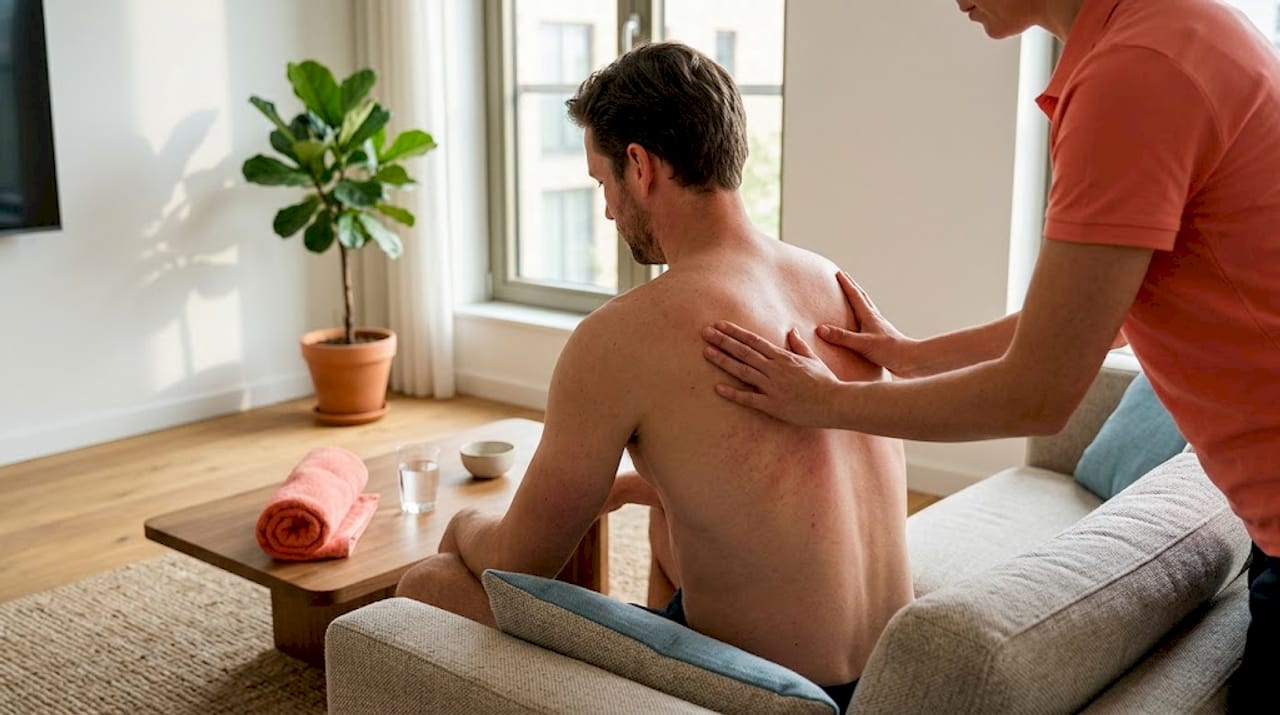 Close-up van een rugmassage waarbij de huid duidelijk rood is geworden