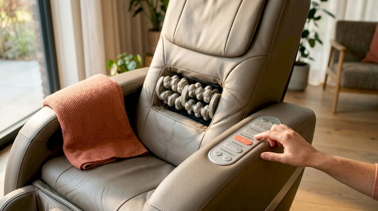Een close-up van de massageknoppen in de stoel die worden afgesteld voor optimaal comfort.