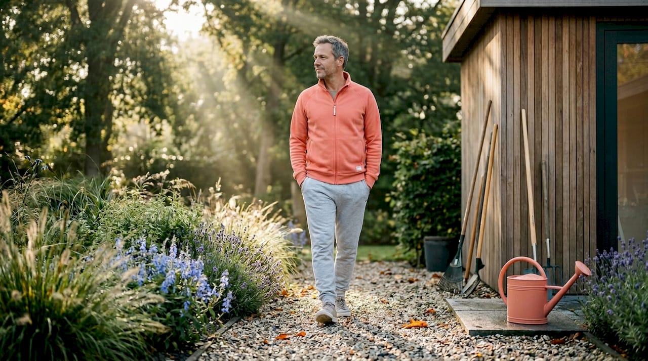 Een man geniet van een ochtendwandeling door zijn tuin.