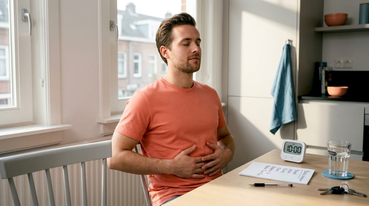 Aan de keukentafel zit een man rustig ademhalingsoefeningen te doen.