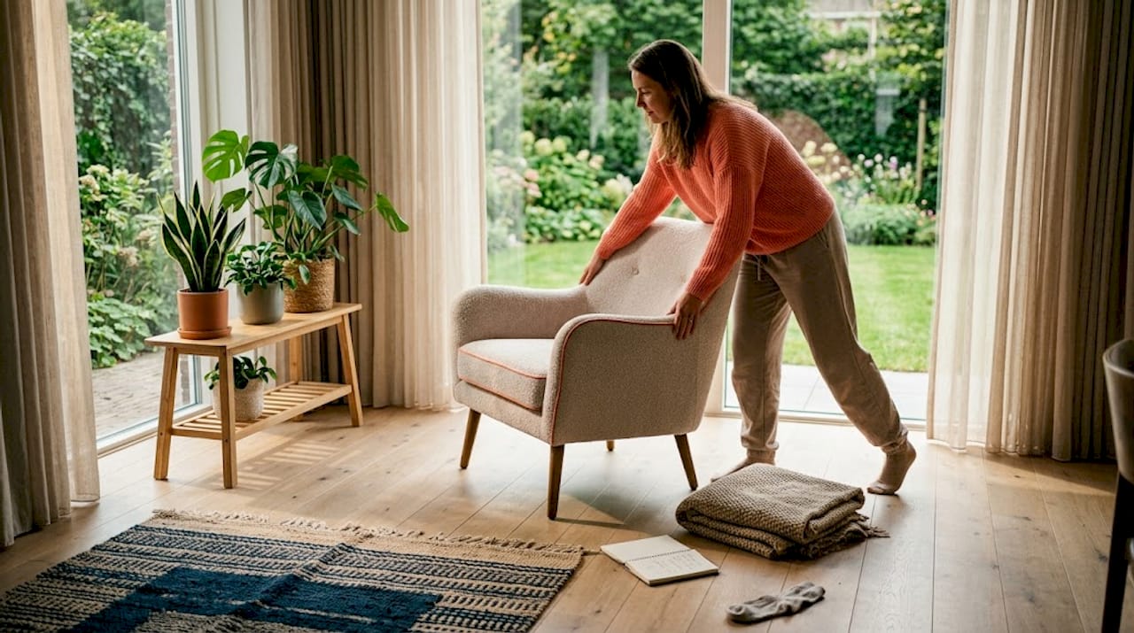 Iemand creëert een gezellige hoek met een comfortabele fauteuil.
