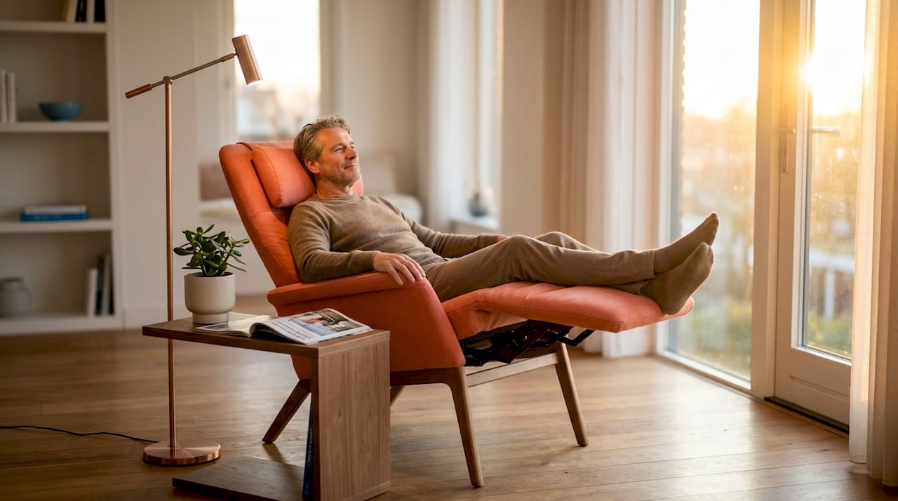 Man ontspant in een zero gravity stoel in een lichte, moderne woonkamer