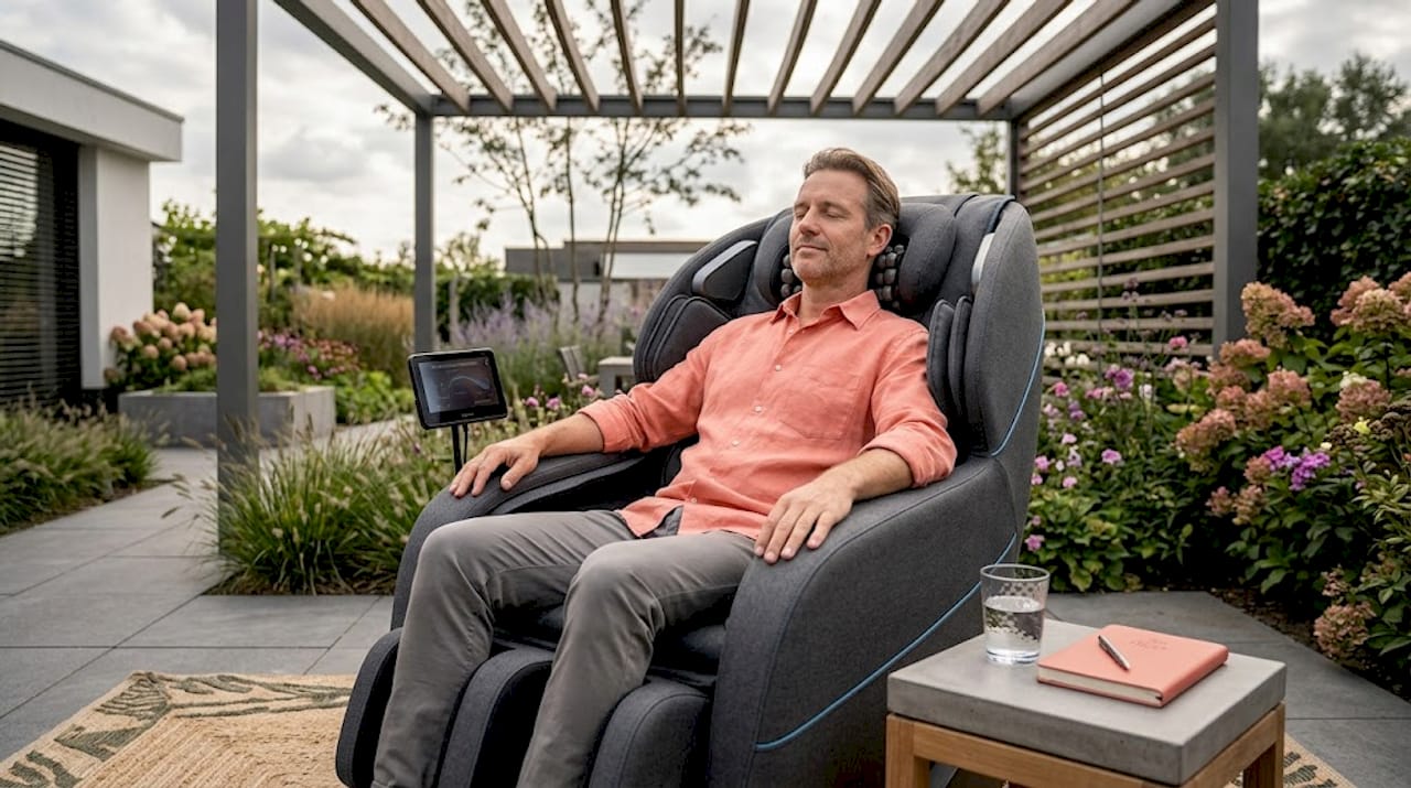 Man geniet thuis van een 4D-massagestoel in de woonkamer