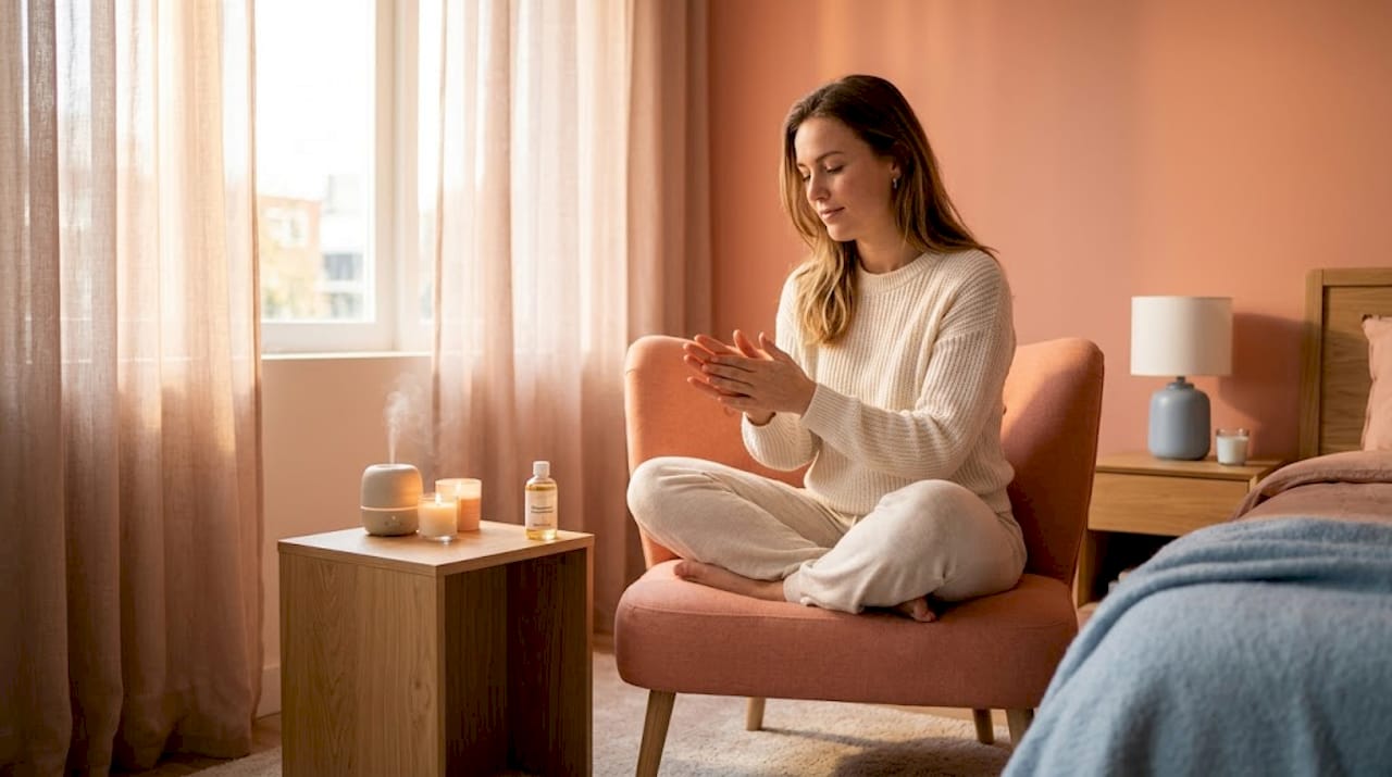 Een vrouw verwent zichzelf met massageolie in haar ontspannen thuisspa.